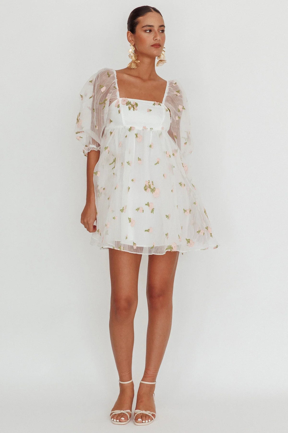 Helen Floral Organza Mini Dress White Pink