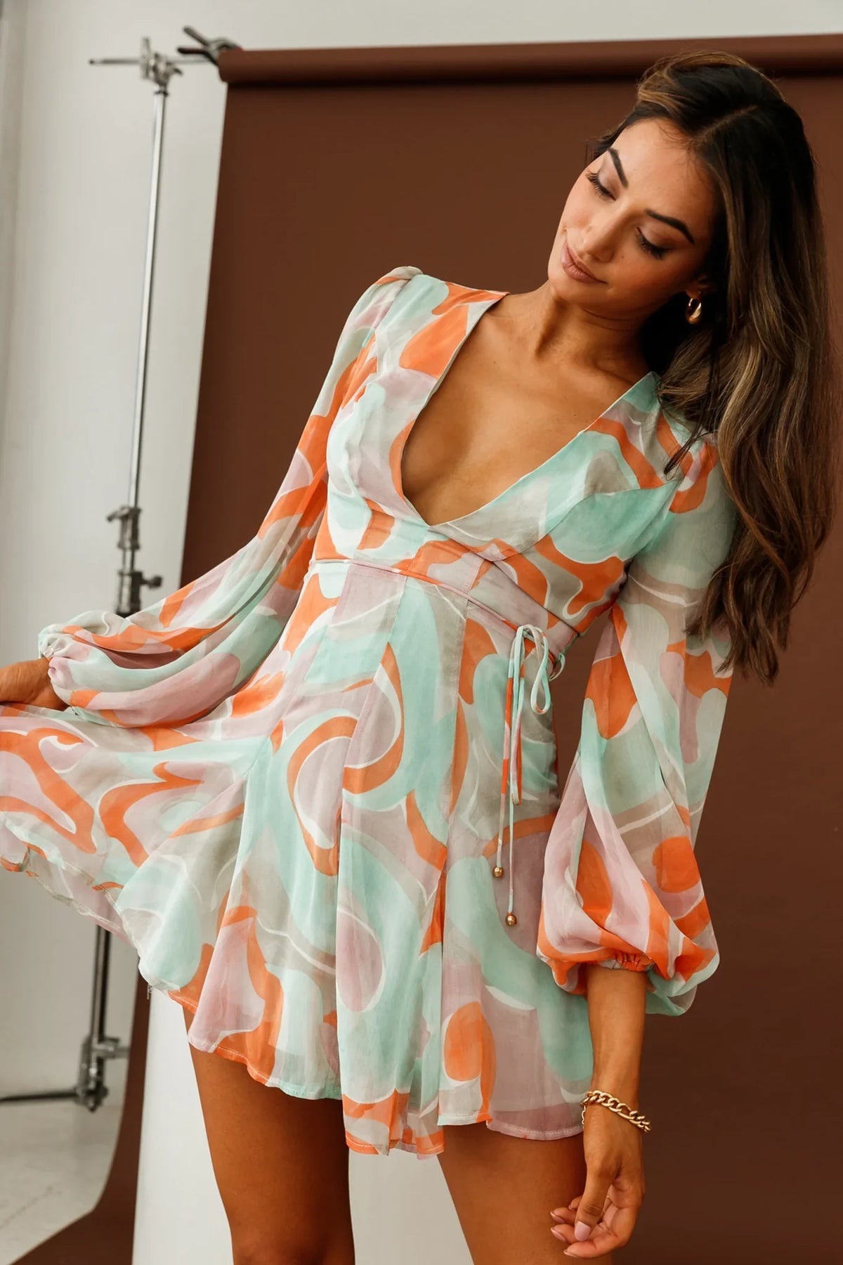 Estelle Long Sleeve V-Neckline Dress Swirl Print Orange/Mint