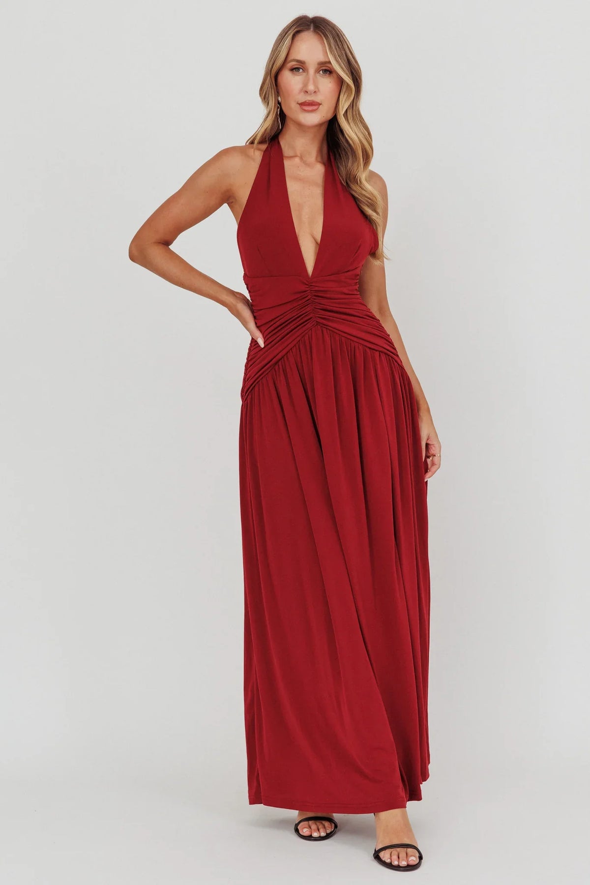 Italia Azure Gathered Waist Maxi Dress Wine