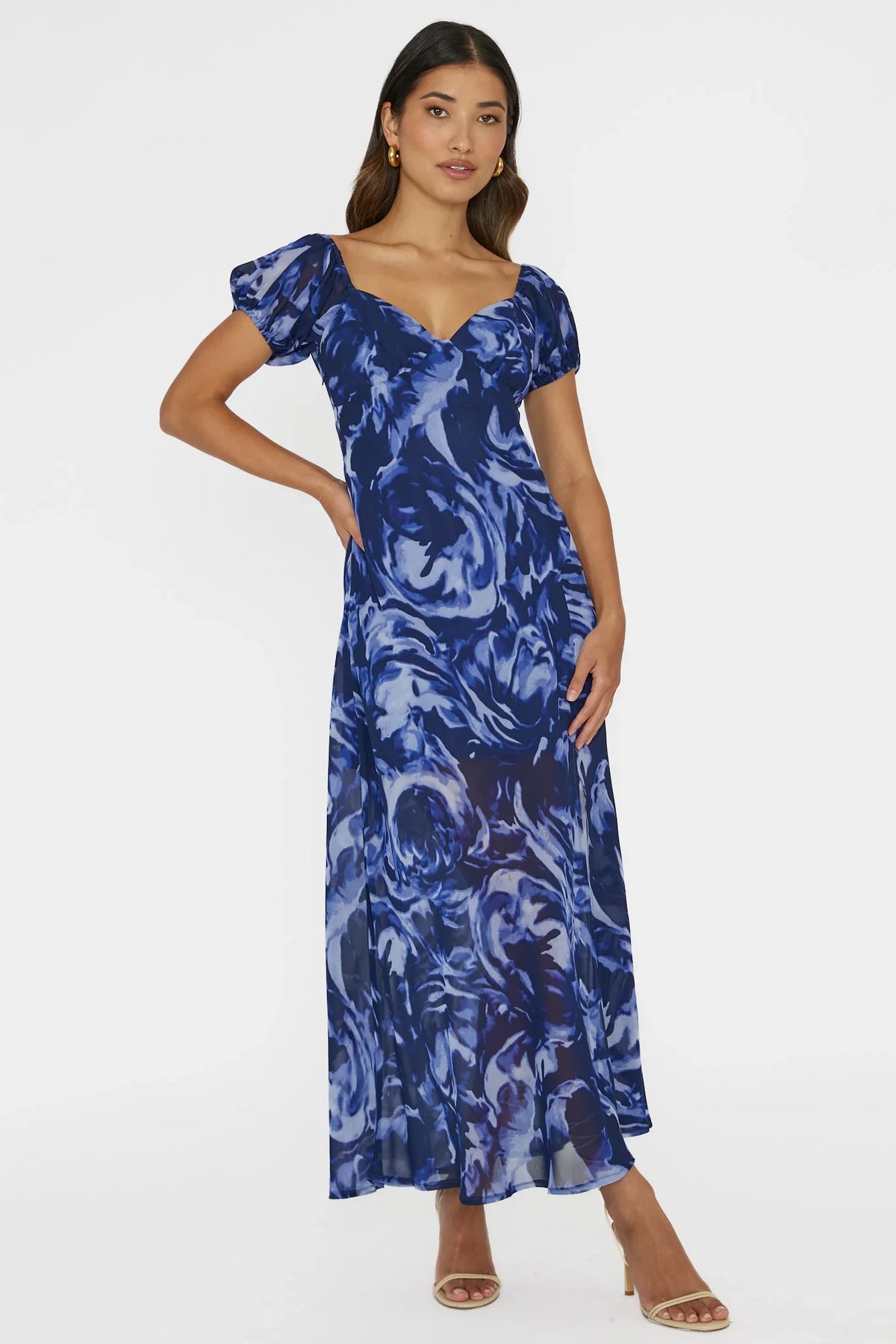Park Avenue Puff Sleeve Midi Dress Print Blue