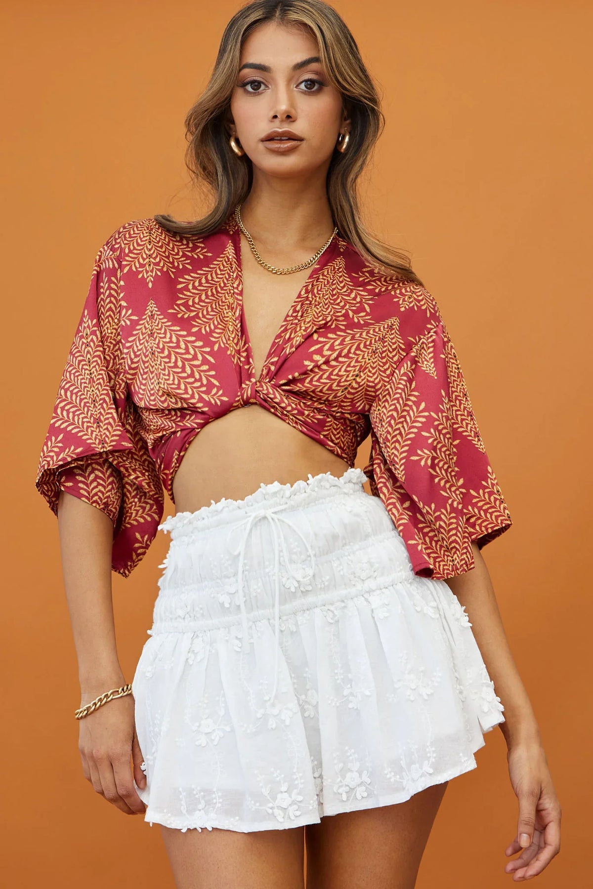Rivera Deep-V Waist-Tie Top Leaf Print Wine
