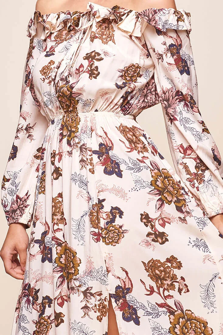 Tatiana Bardot Frill Neckline Maxi Dress Mocha