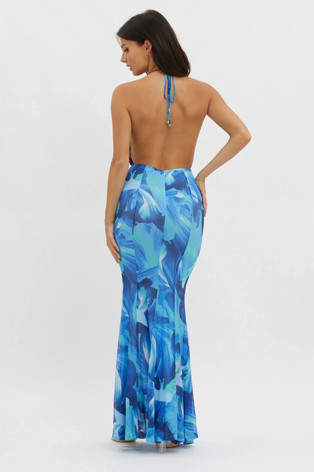 Mayah Lace Halterneck Maxi Dress Abstract Blue