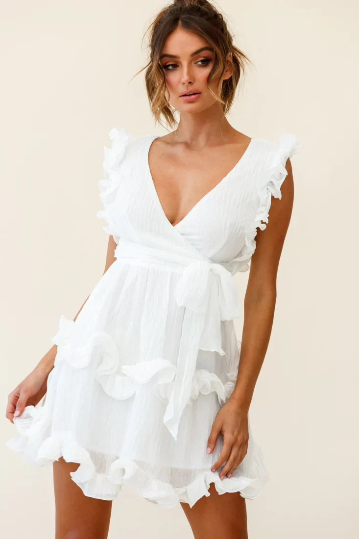 Greta Sleeveless Tiered Ruffle Chiffon Dress White