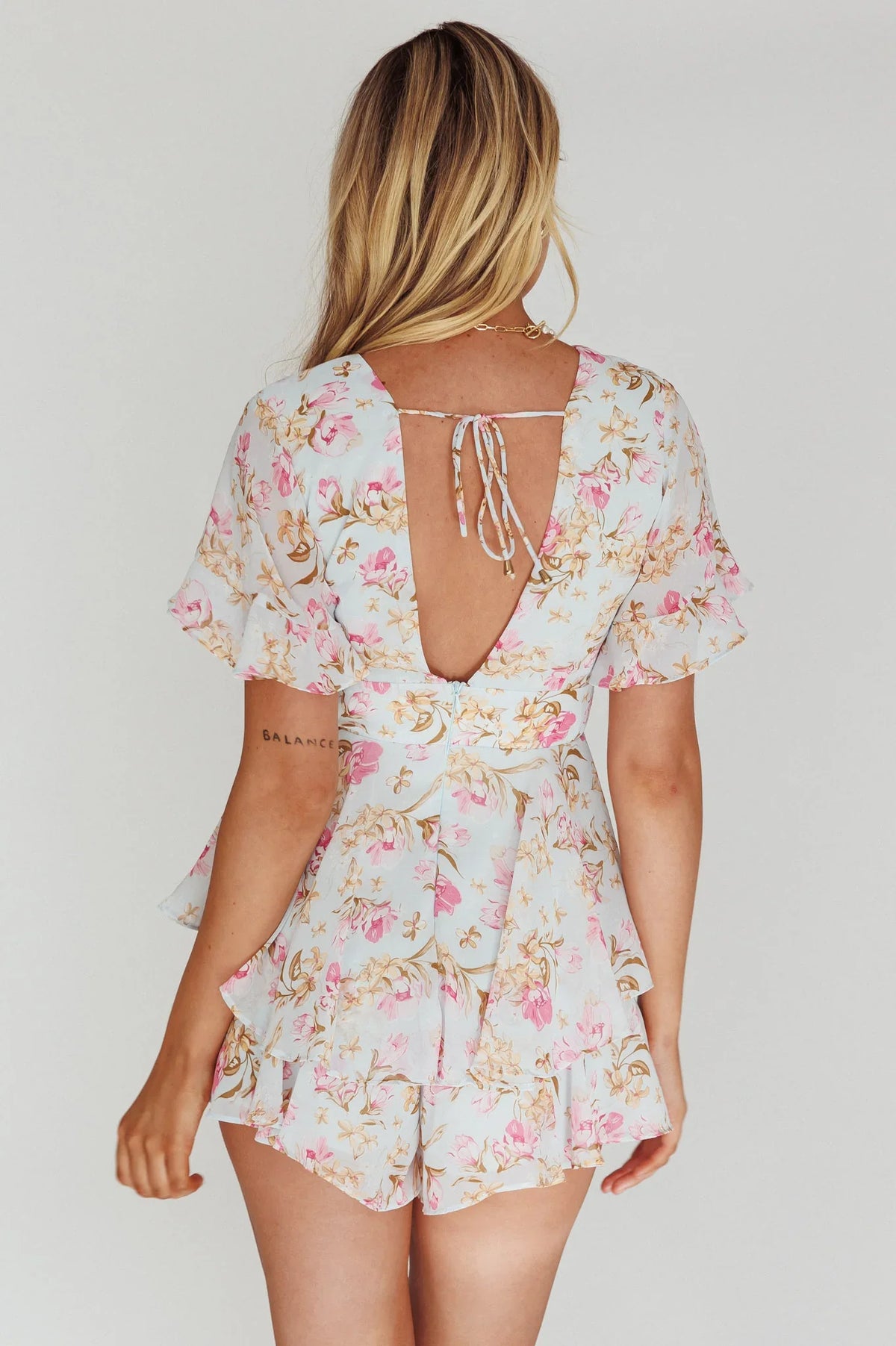 Golden Light Pintuck Pleat Romper Floral Blue