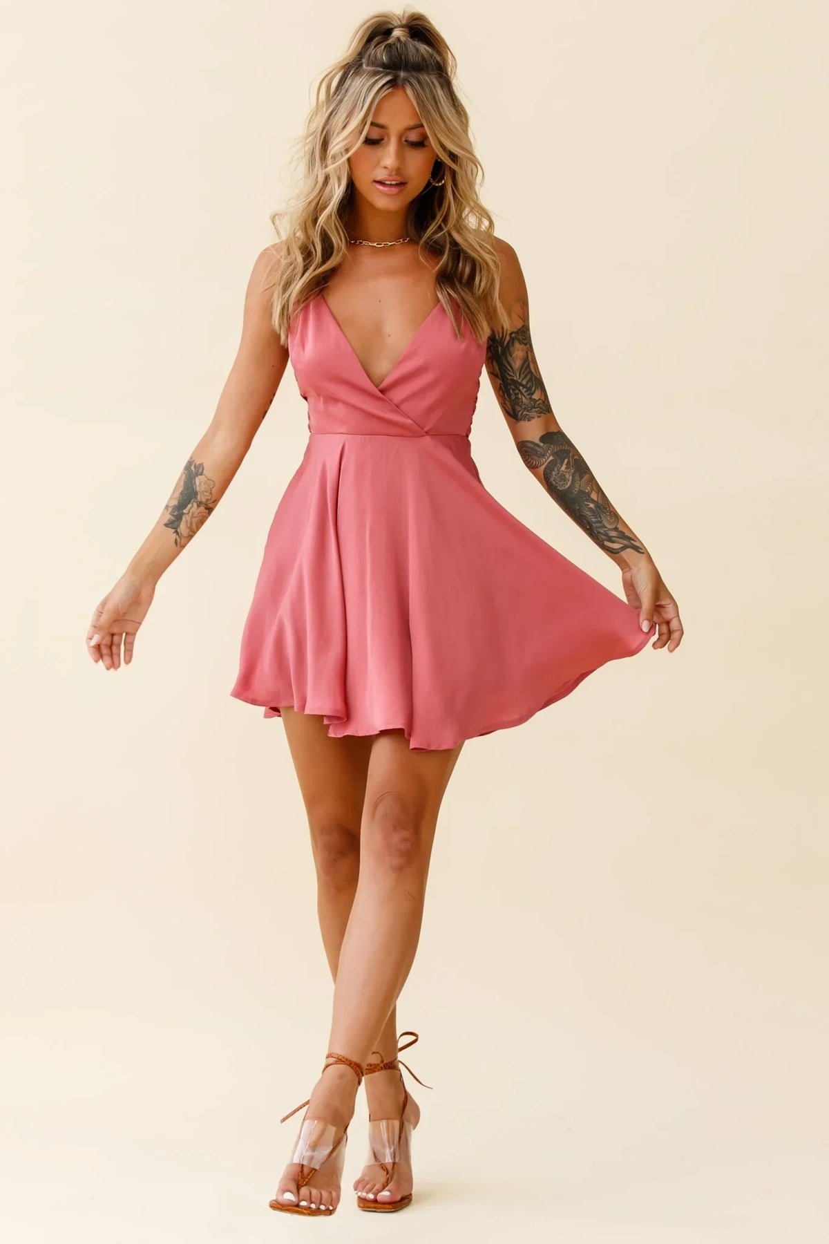Secret Place Strappy Tie Back Party Dress Rose