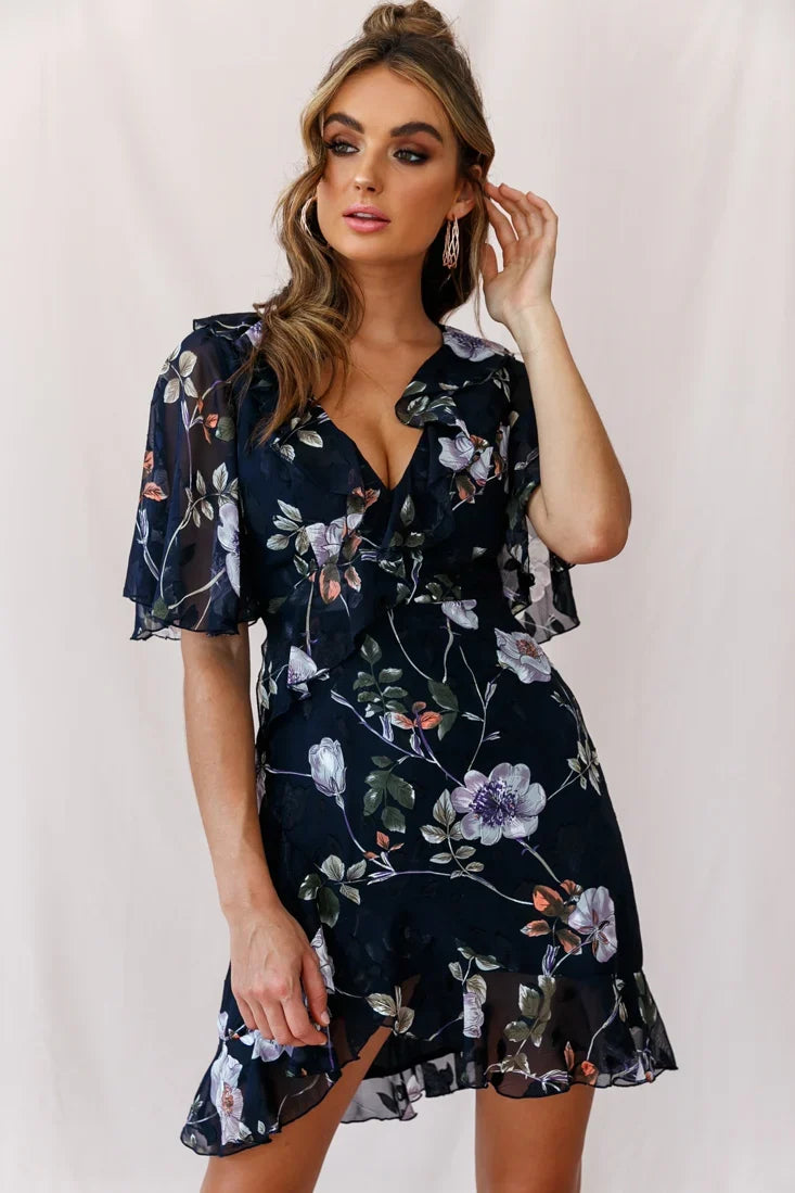 June Angel Sleeve Ruffle Detail Dress Navy