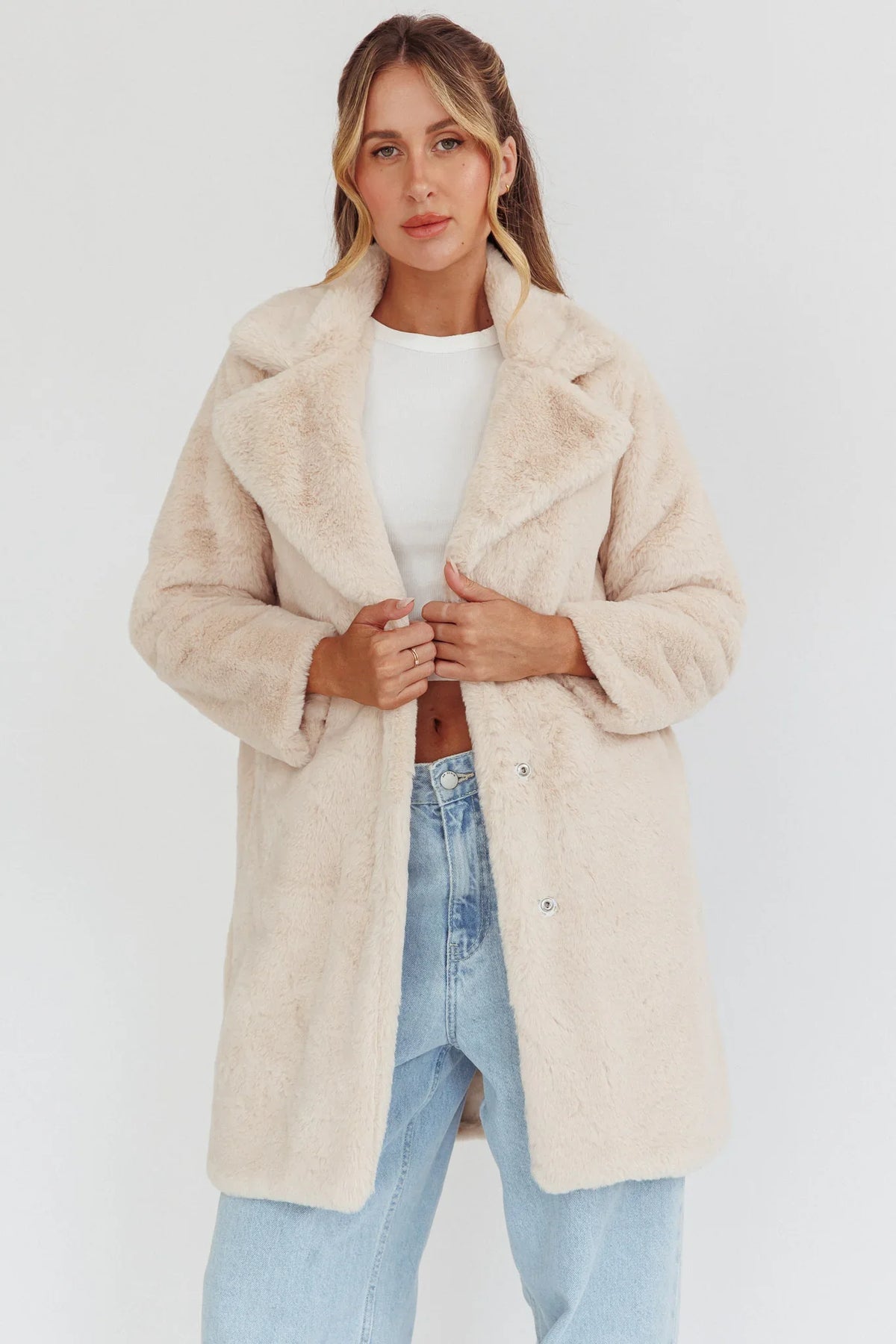 Perceptions Longline Faux Fur Coat Beige