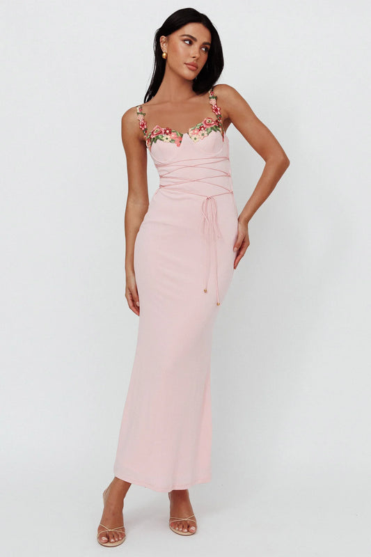 Rose Garden Floral Applique Laced Midi Dress Baby Pink