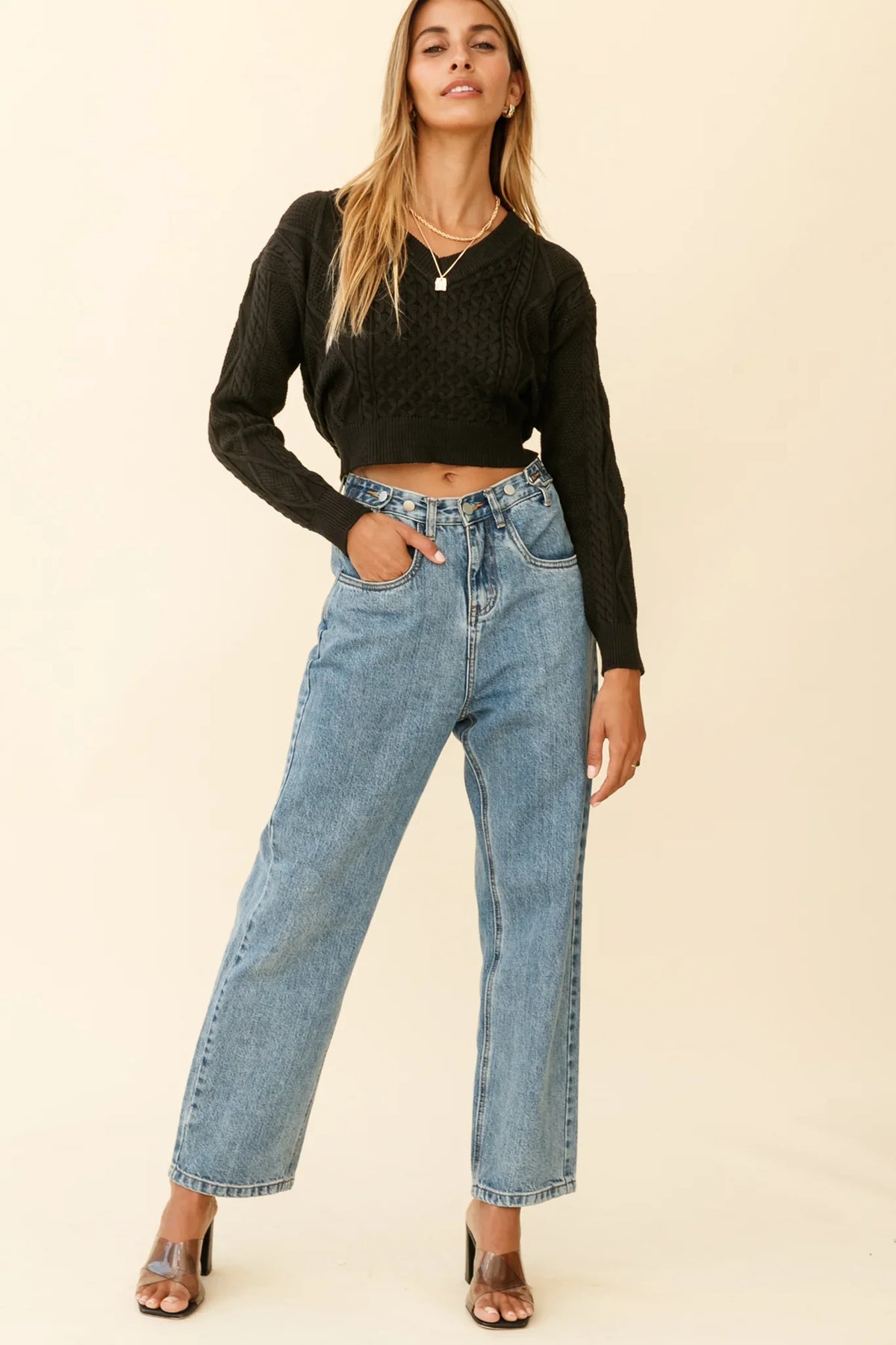 Dulce de Leche Long Sleeve Tie-Back Knit Sweater Black