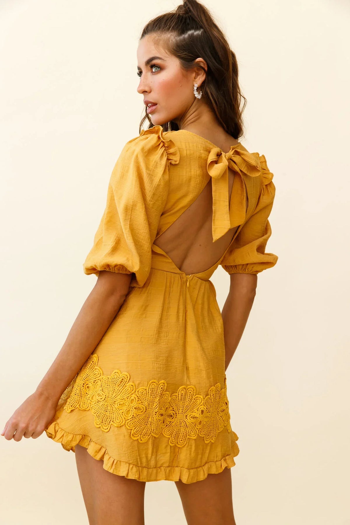Sunday Morning Applique Embellished Open Back Dress Yellow