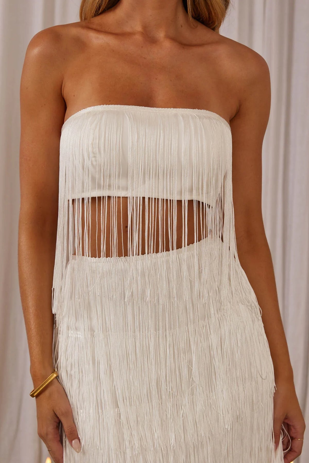 Golden Nights Long Fringe Top White