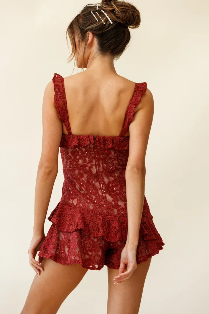 Oops I Did It Again Frill Detail Lace Romper Red