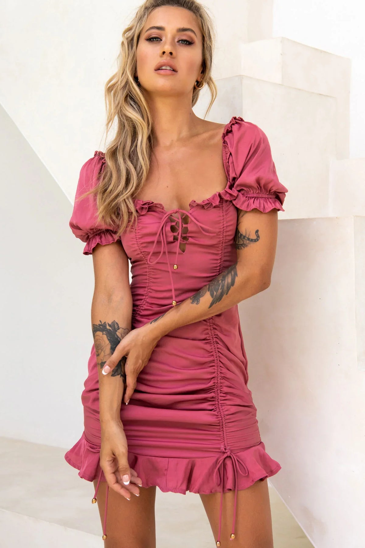 La Quinta Lace-Up Bust Drawstring Detail Dress Rose