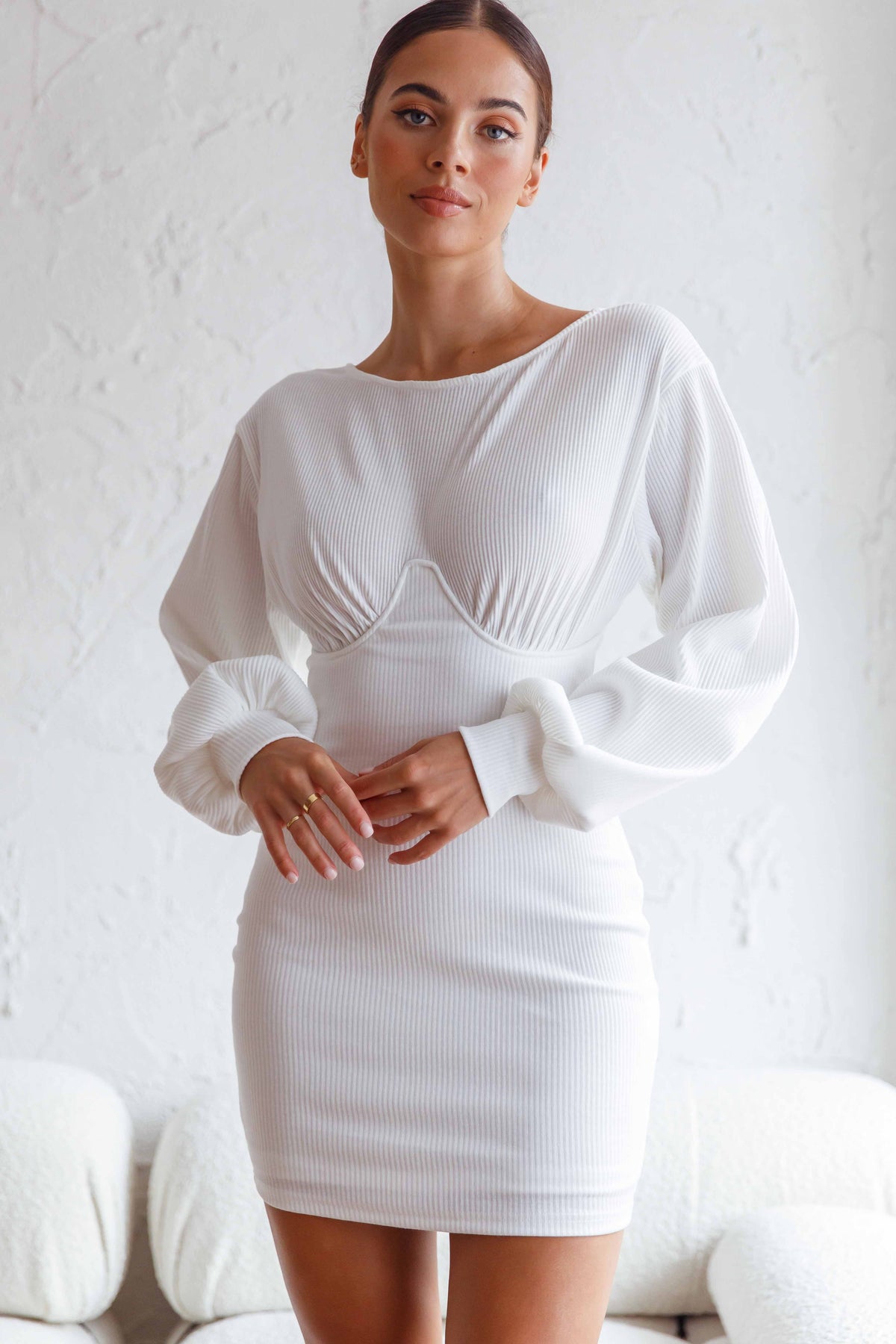 Sammy Long Balloon Sleeve Piping Detail Ribbed Dress White