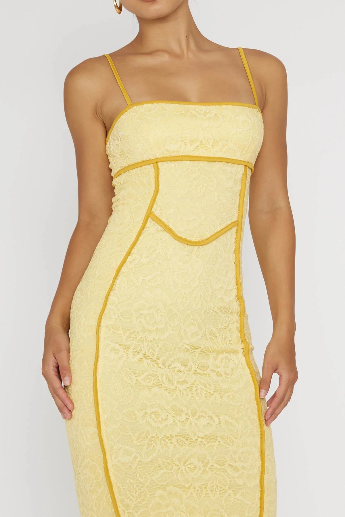 Inga Lace Piping Trim Midi Dress Yellow