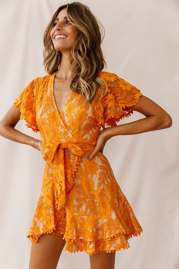 Cami Angel Sleeve Faux Wrap Dress Orange Sunset