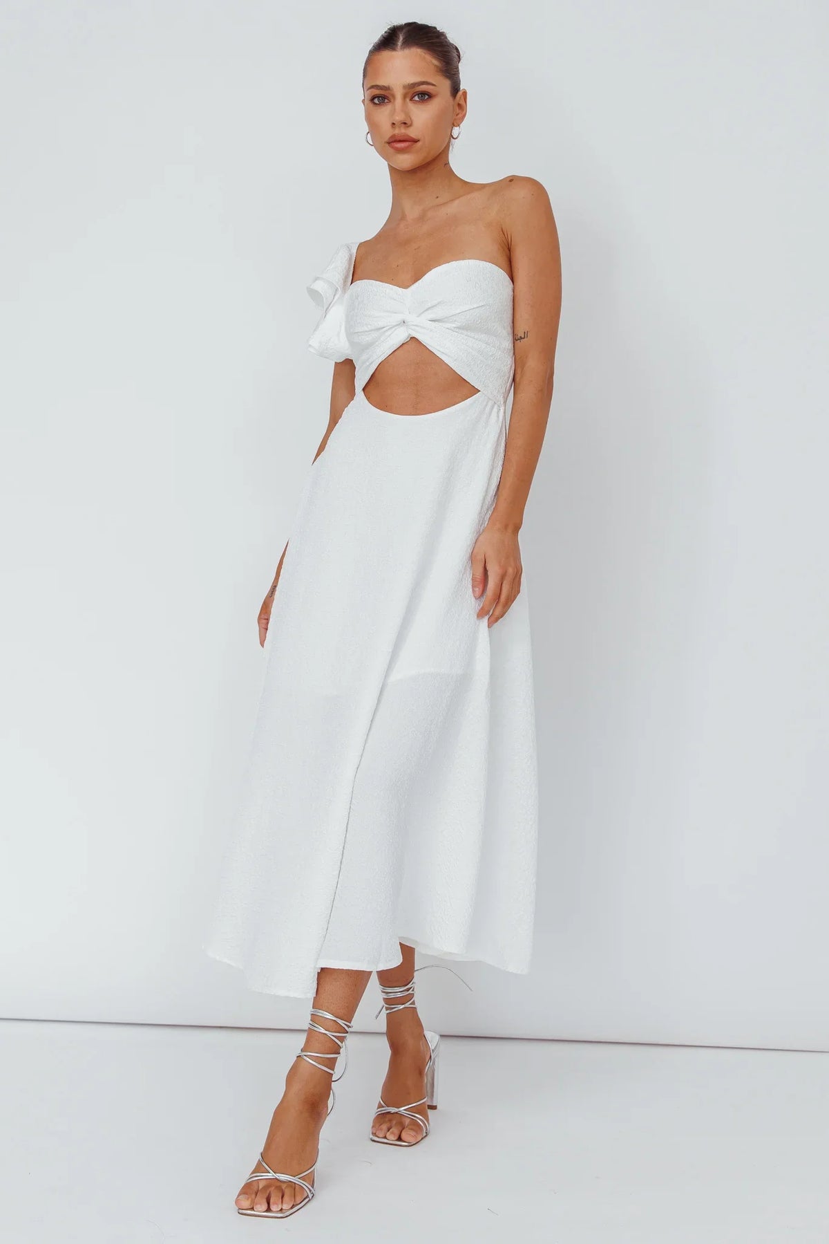 Jolina Ruffle Shoulder Midi Dress White