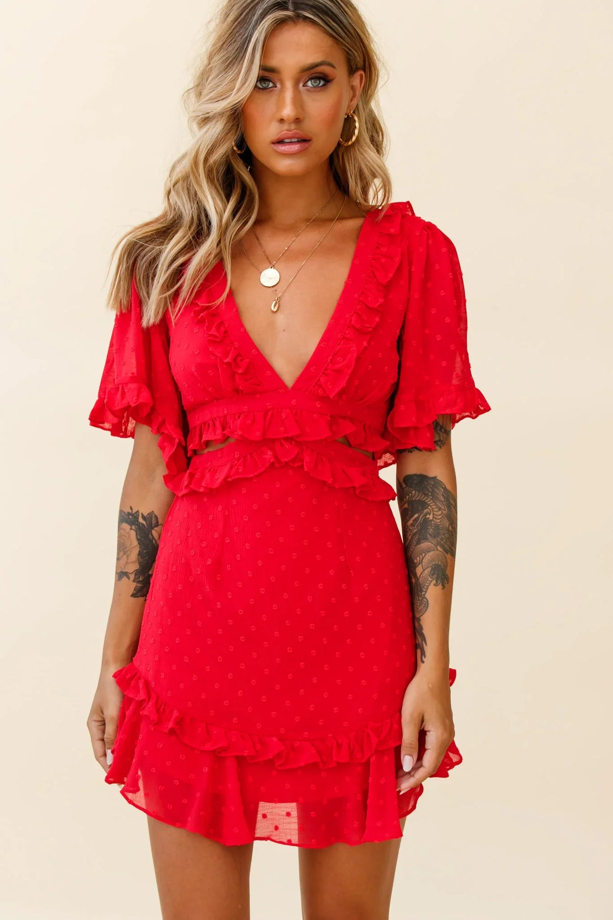 My Belle Cut-Out Detail Frill Accent Dress Red