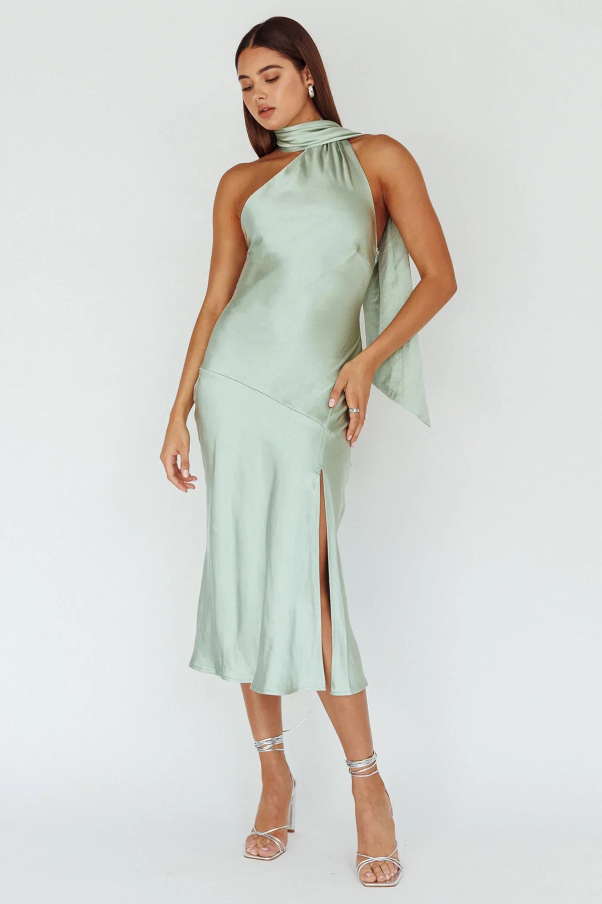 Italian Summer Tie Neck Midi Dress Sage