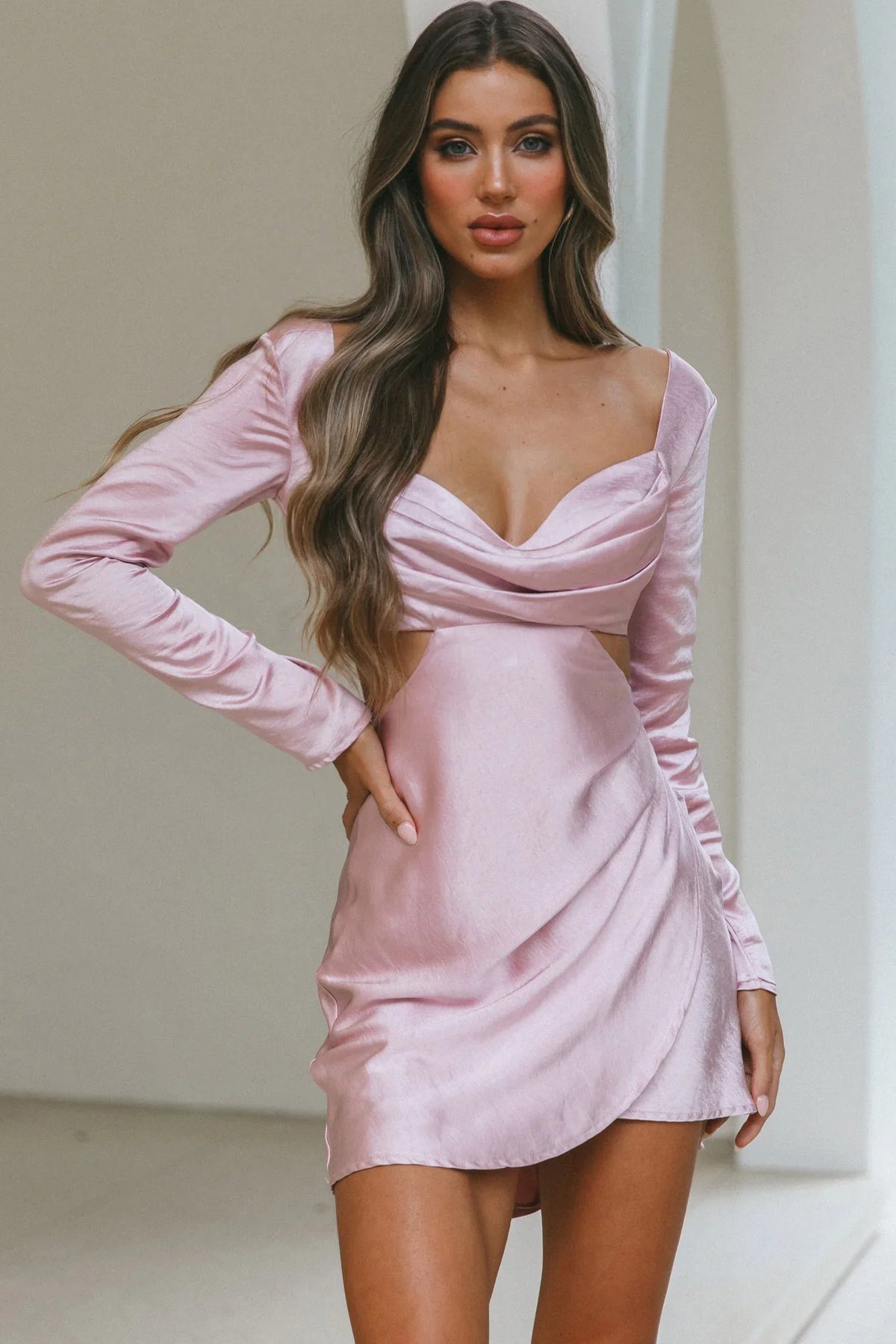 Shaken Not Stirred Cut-Out Waist Long Sleeve Pleat Mini Dress Blush