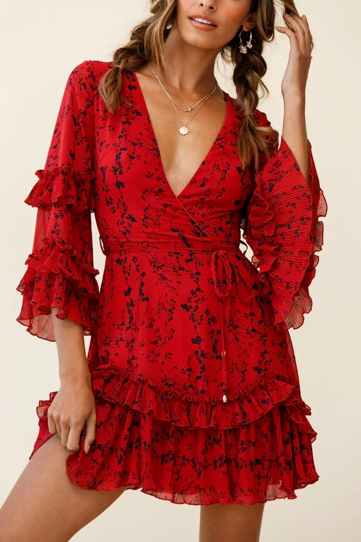 Erica Bell Sleeve Accordion Pleat Dress Floral Print Red