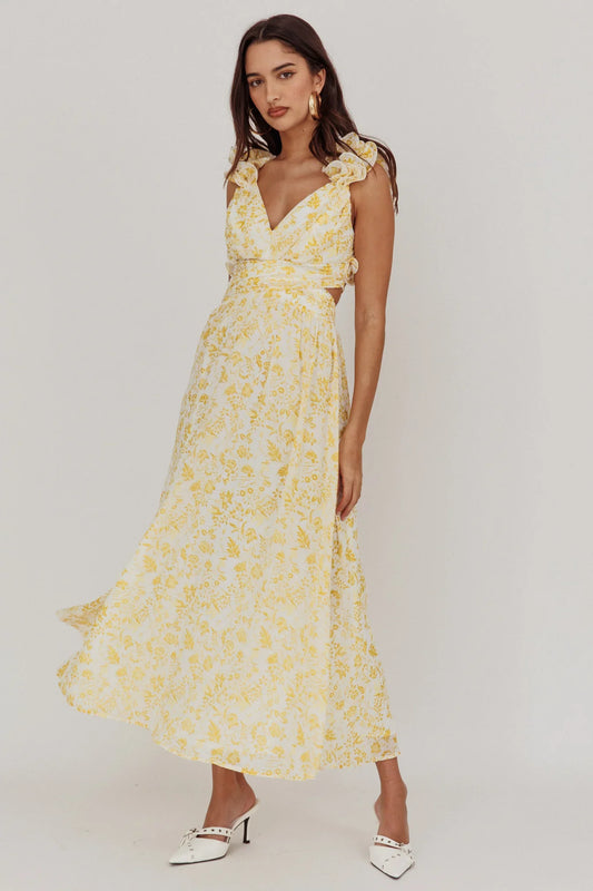 Madara Lace-Up Back Maxi Dress Floral Yellow