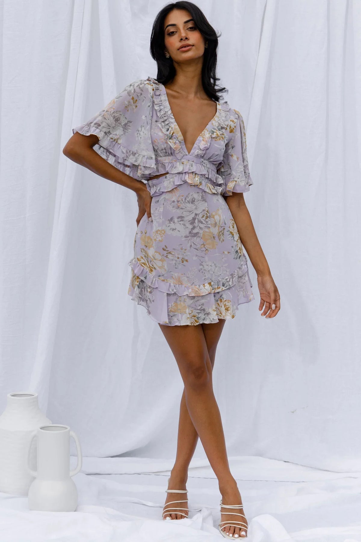 My Belle Cut-Out Detail Frill Accent Dress Vintage Floral Print Lilac