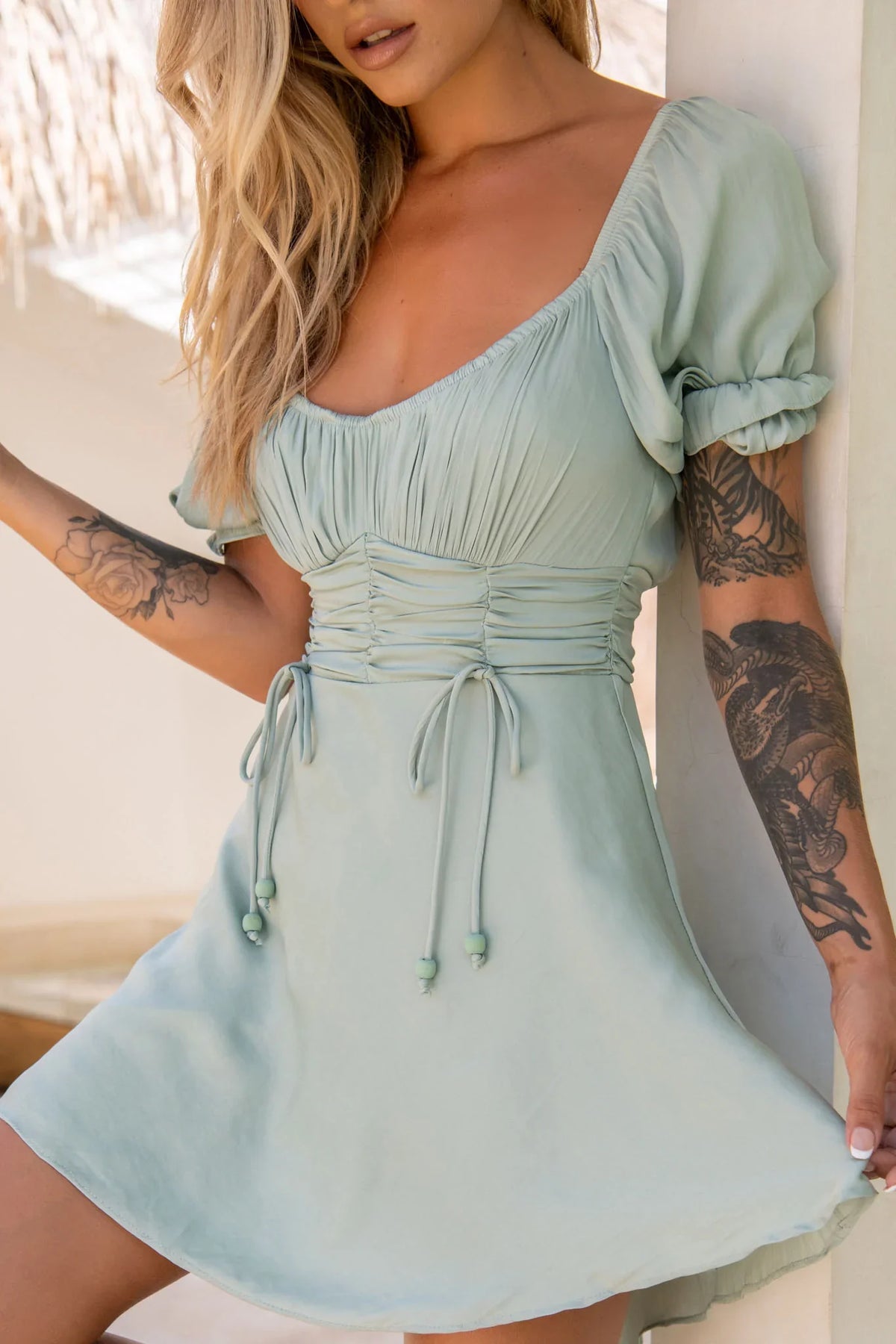 Bright Side Off-Shoulder Puff Sleeve Dress Pistachio