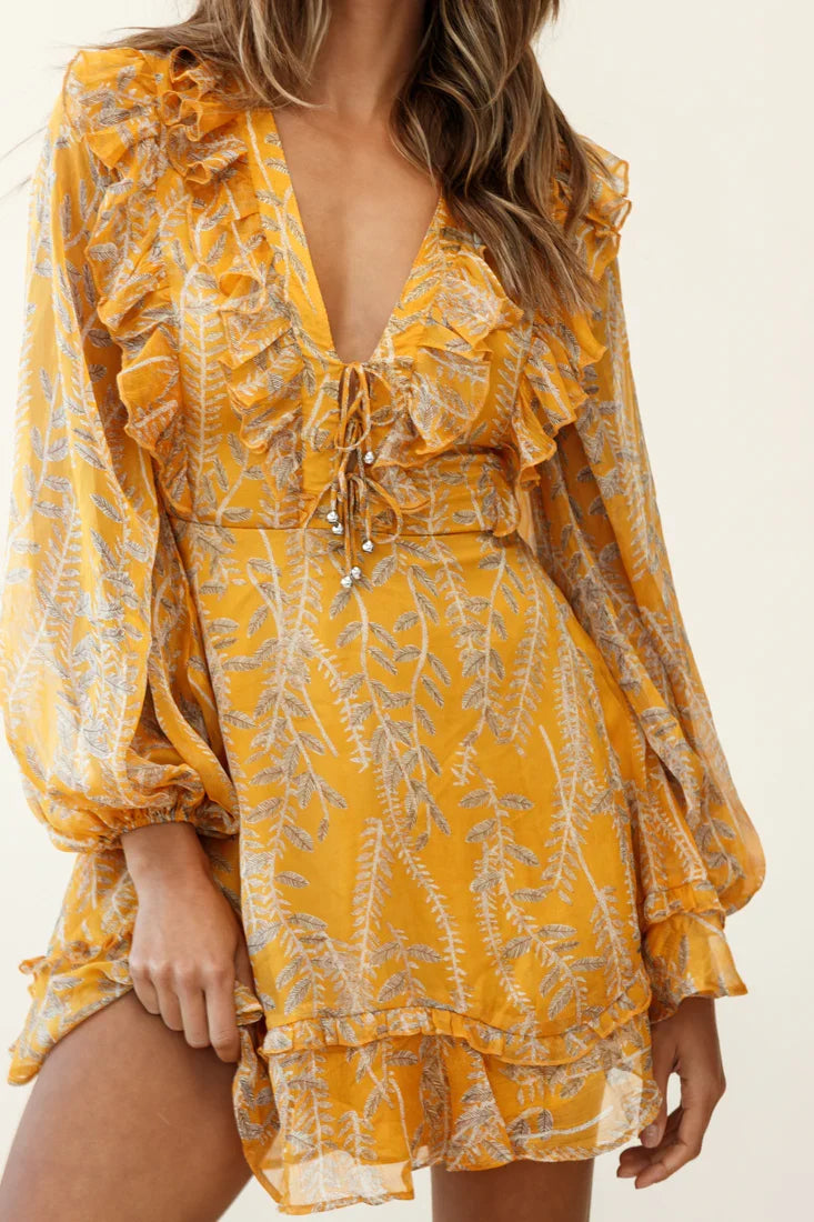 Odette Long Sleeve String Tie Neckline Vine Print Dress Mustard