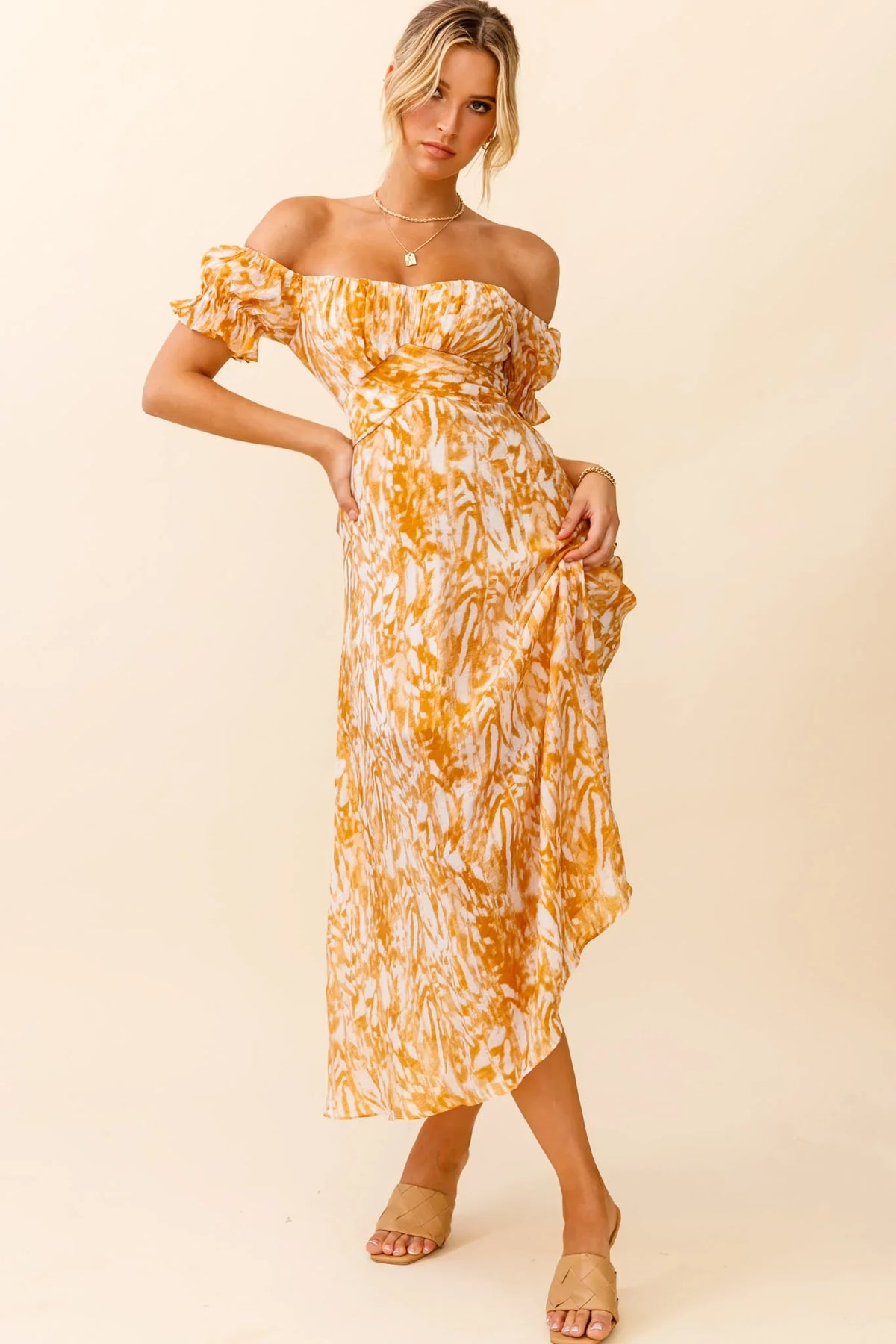 Linka Off-Shoulder Tie Back Midi Dress Printed Orange