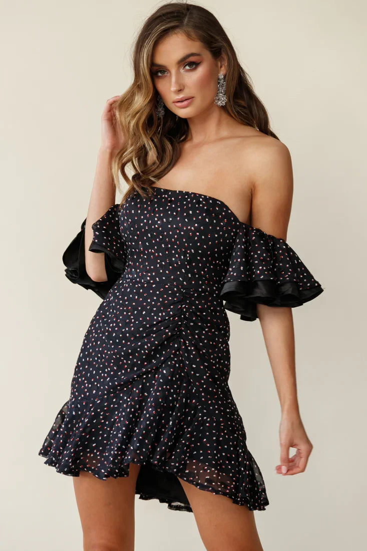 Lure Off-Shoulder Ruched Dress Speckle Print Black