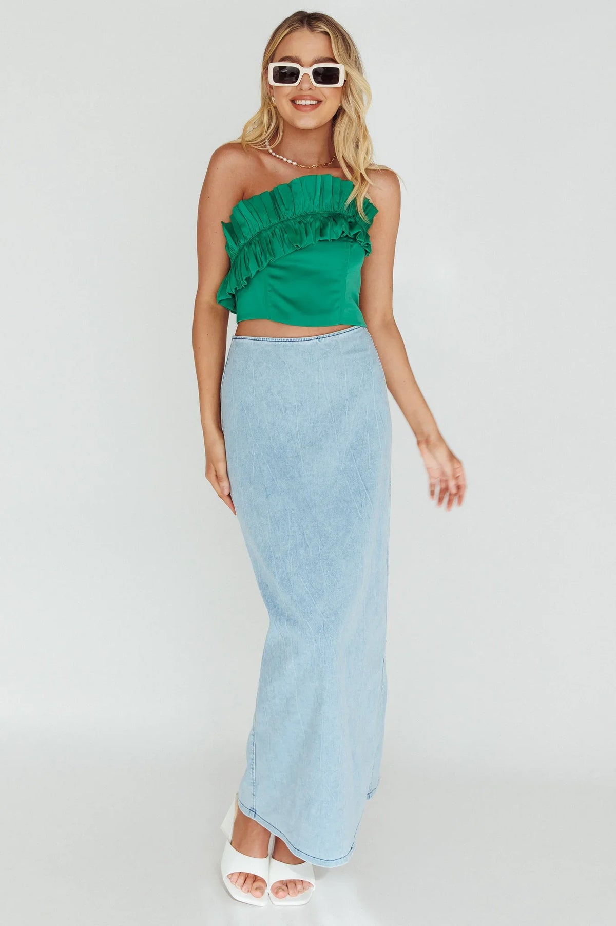 La Belle Frill Neckline Crop Top Green