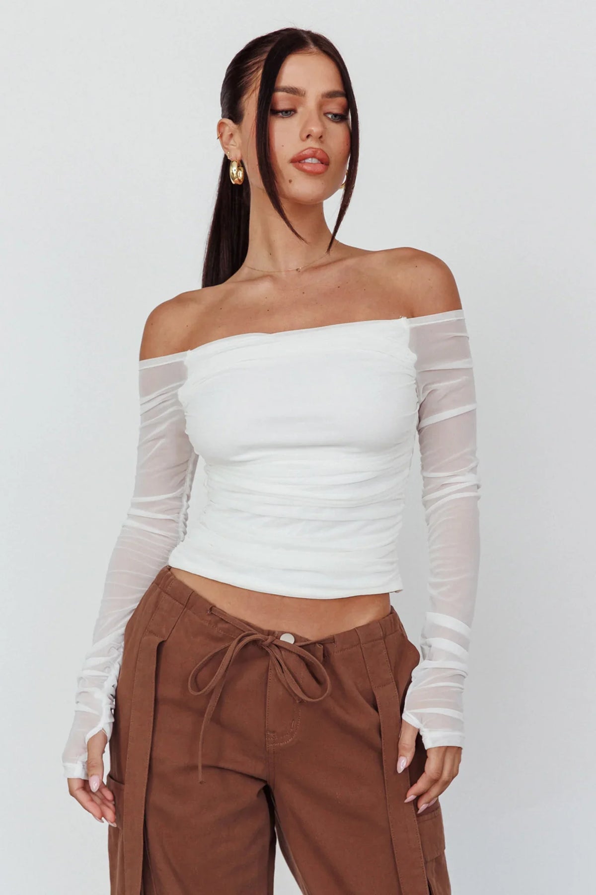 Ronda Off-Shoulder Sheer Sleeve Top White
