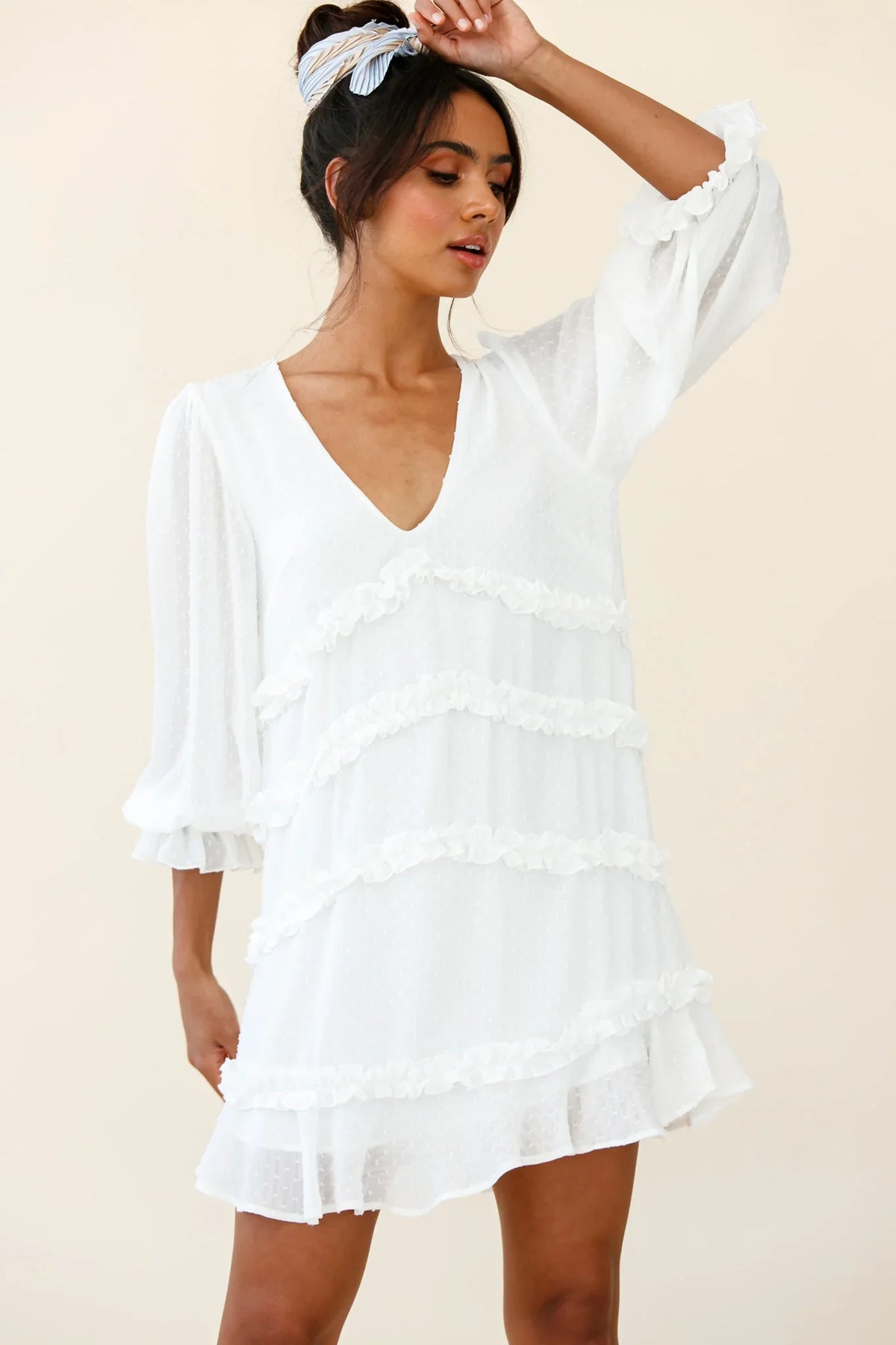 Tabitha Balloon Sleeve Loose Fit Frill Detail Dress White