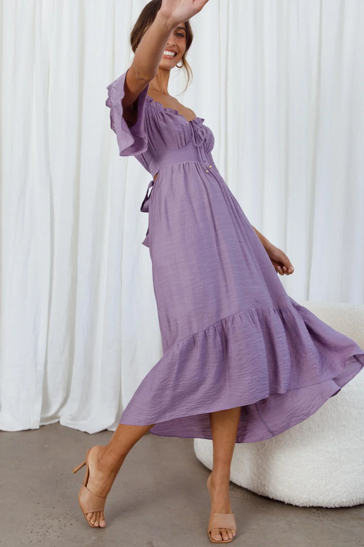 Dandelion Off-Shoulder Tied Back Midi Dress Purple