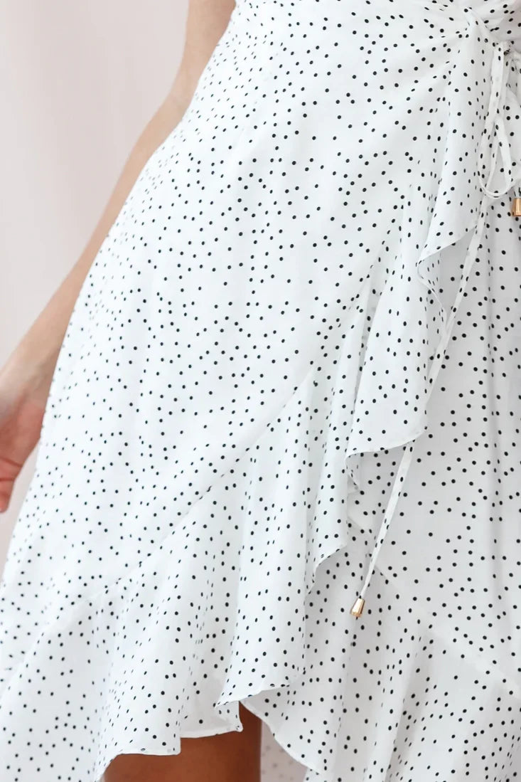 Blessed Wrap Ruffle Hem Midi Dress Dot Print White