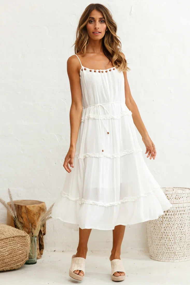 Daybreak Frill Trim Wooden Bead Midi Dress White