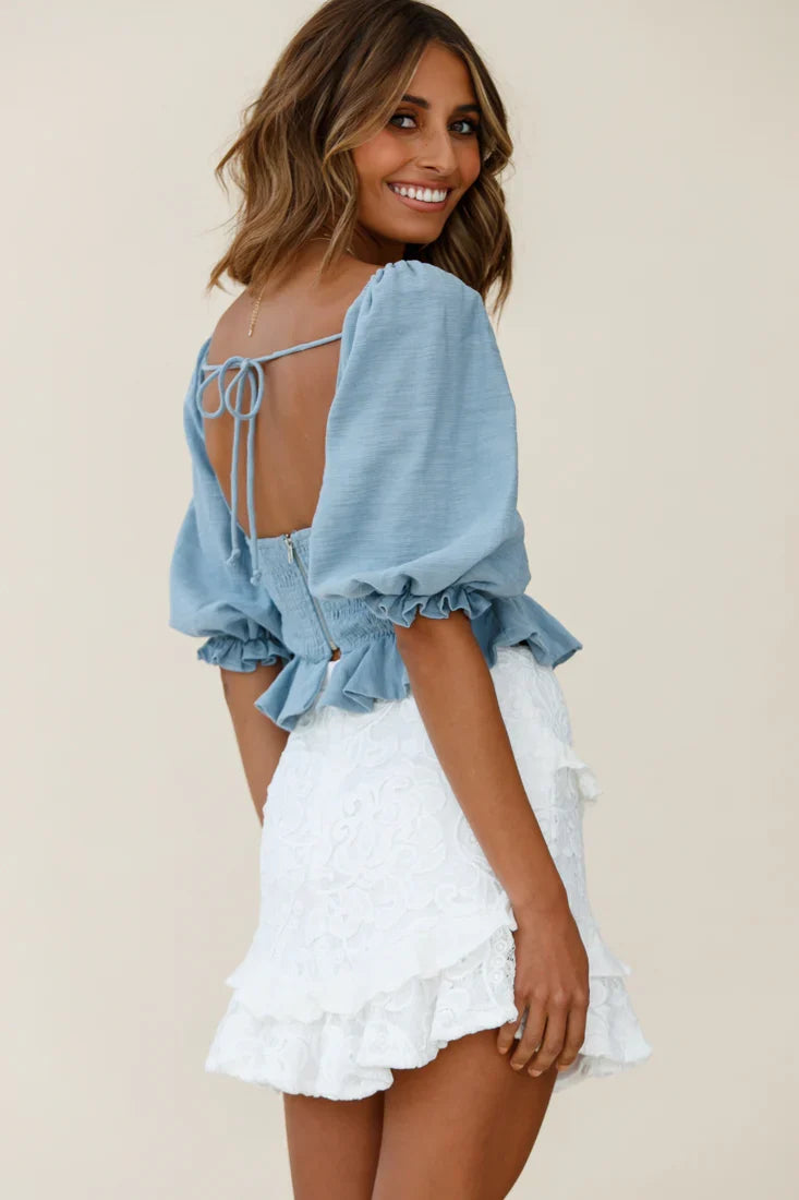 Sweet Dreams Puff Sleeve Bow Detail Crop Top Blue