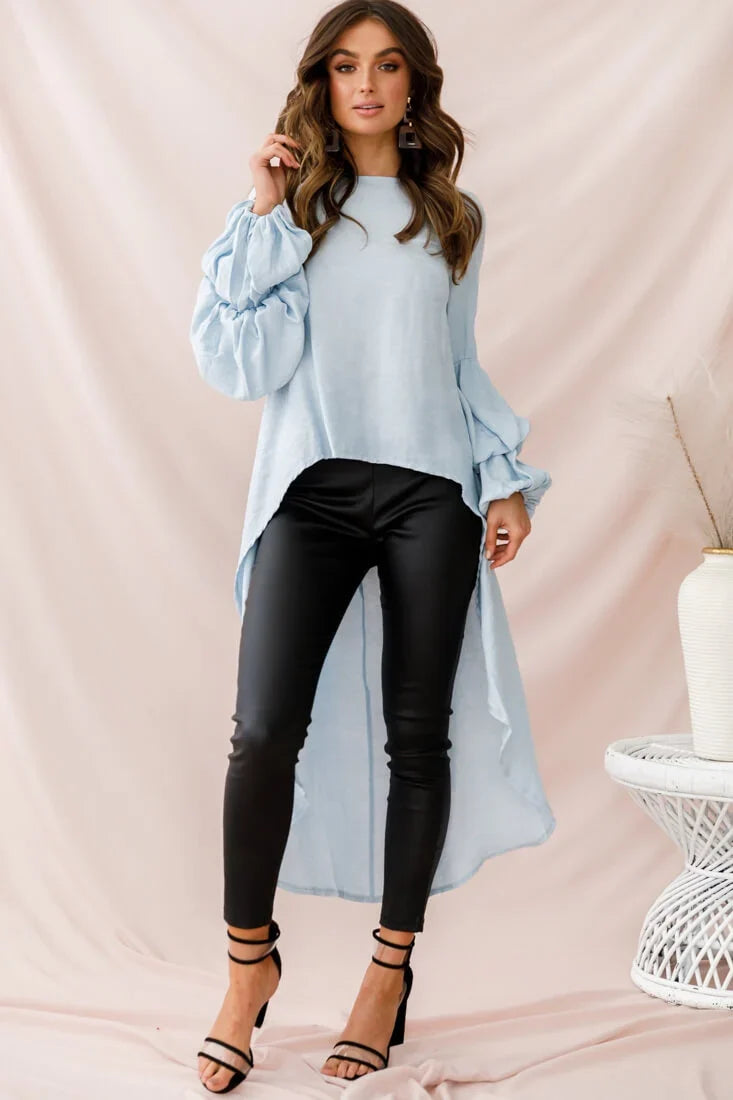 Elaine High Low Balloon Sleeve Top Blue