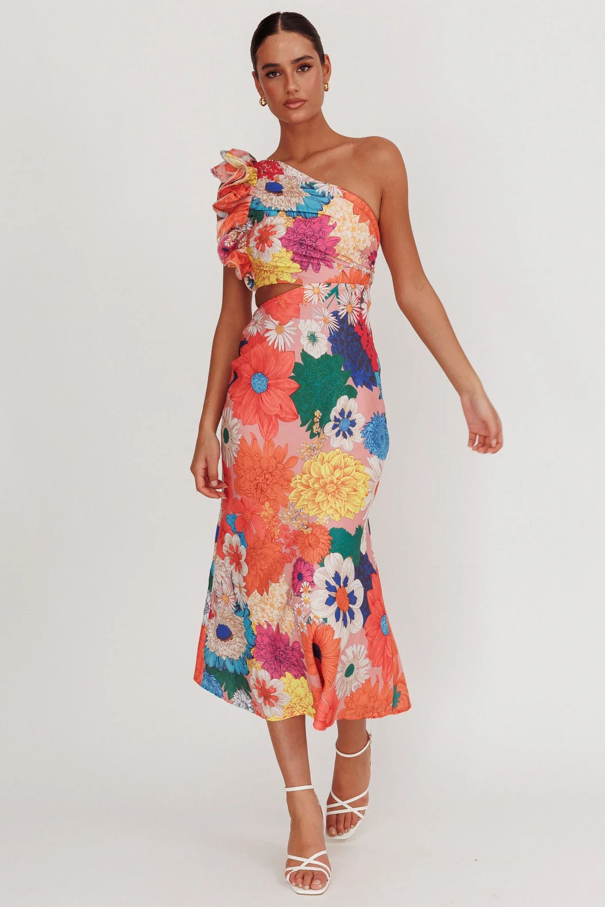 Deanna One-Shoulder Ruffle Floral Maxi Dress Orange