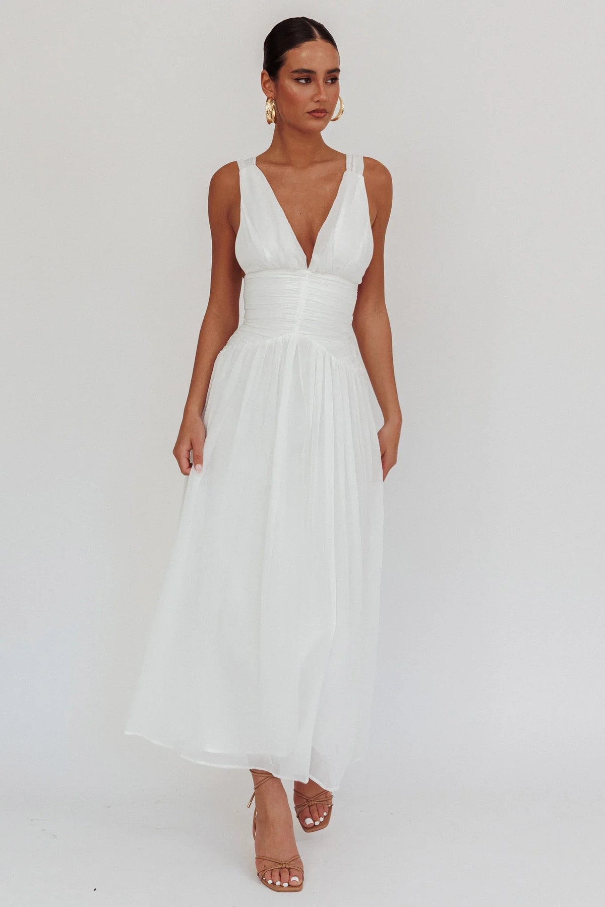 Sammi Ruched Waist Tied Back Maxi Dress White