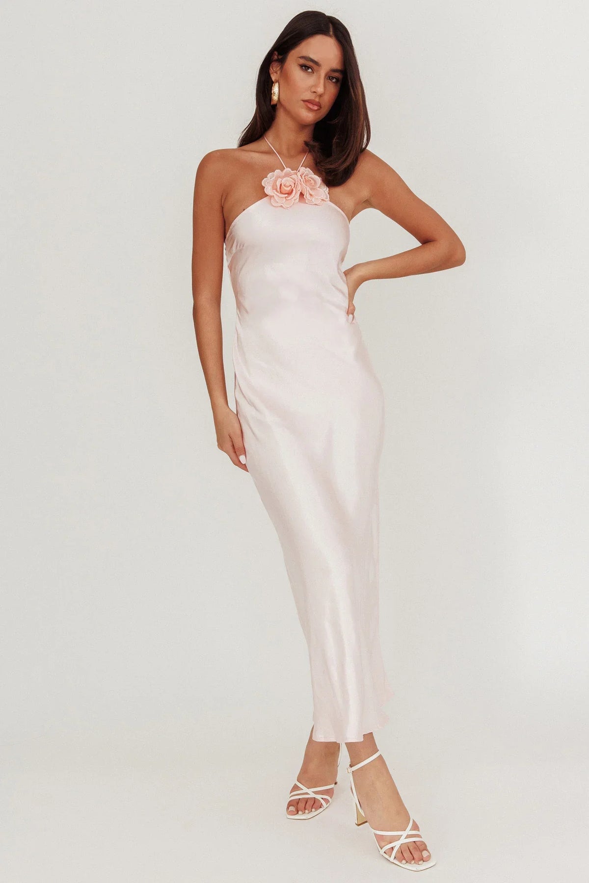 High Roller Flower Decoration Halter Dress Baby Pink