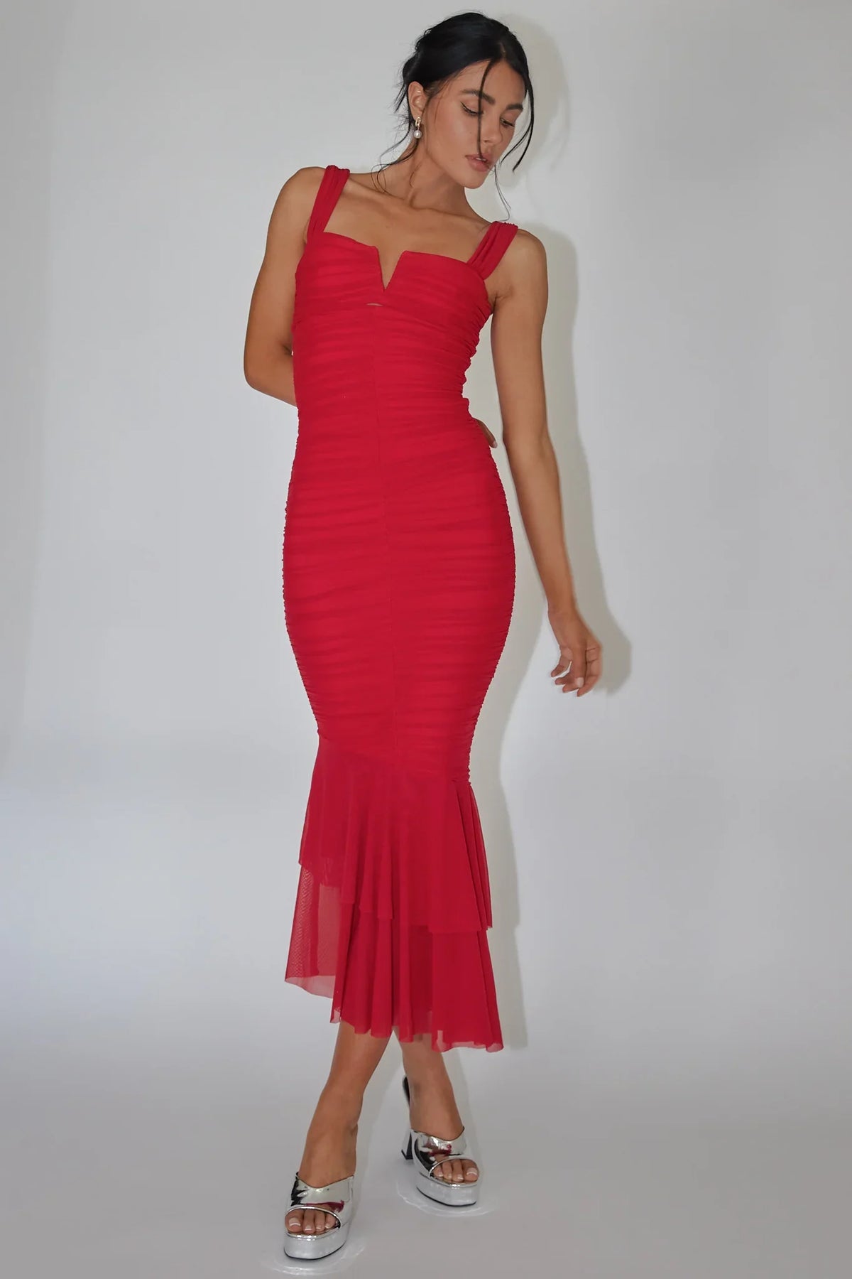 Nadia Ruched Fishtail Maxi Dress Red