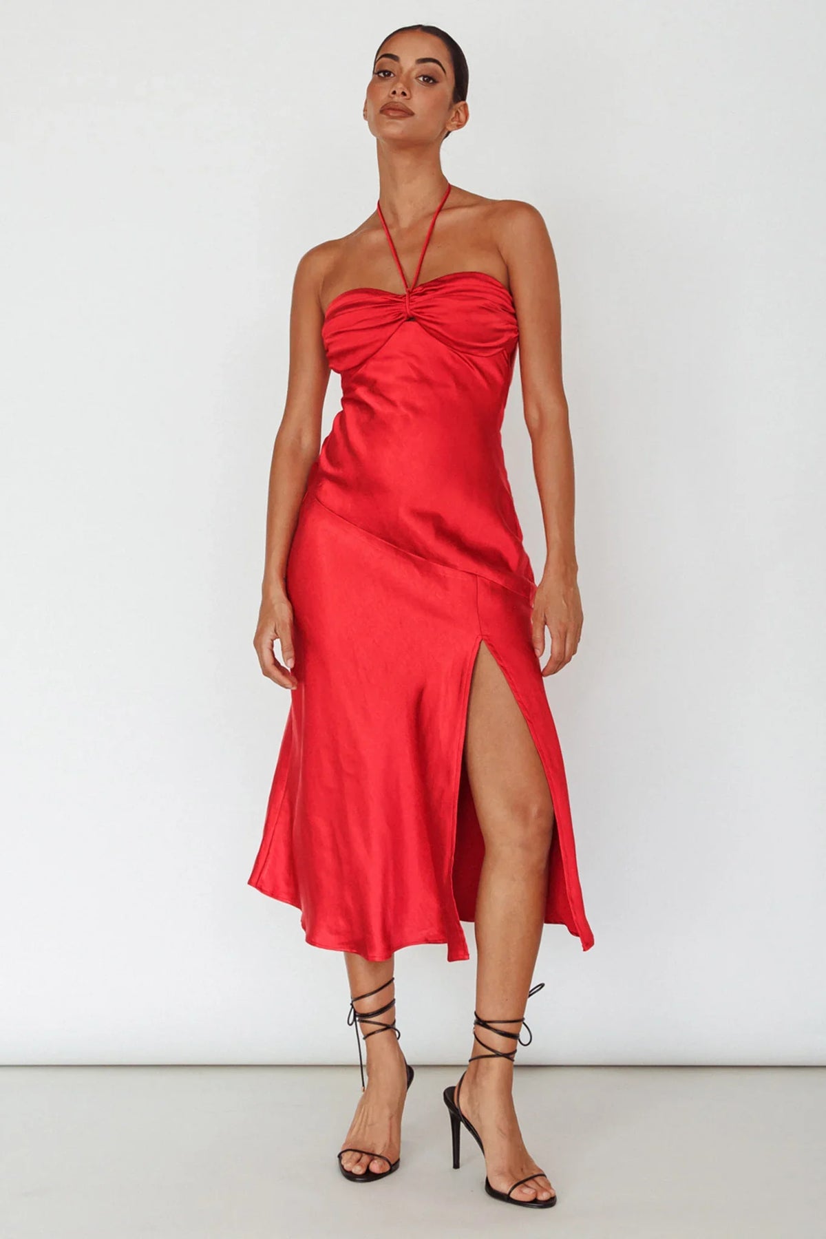 Kindred Spirit Strapless Gathered Bust Midi Dress Red