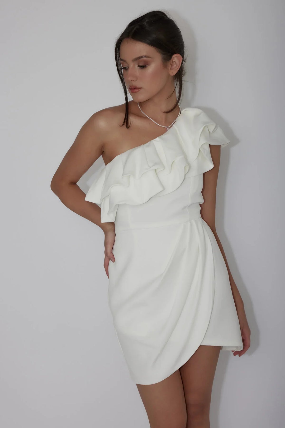 Midnight Star One-Shoulder Ruffle Mini Dress Off White