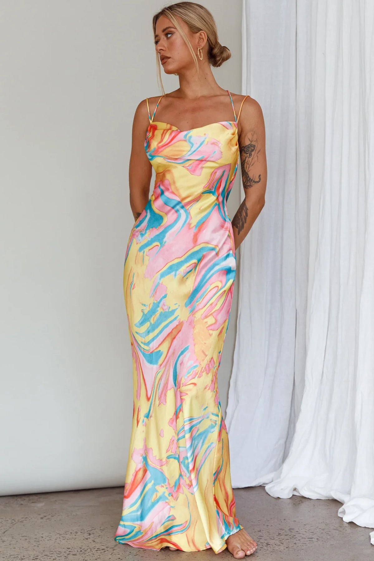 Moment With You Ruched Bust Midi Dress Swirl Yellow/Green