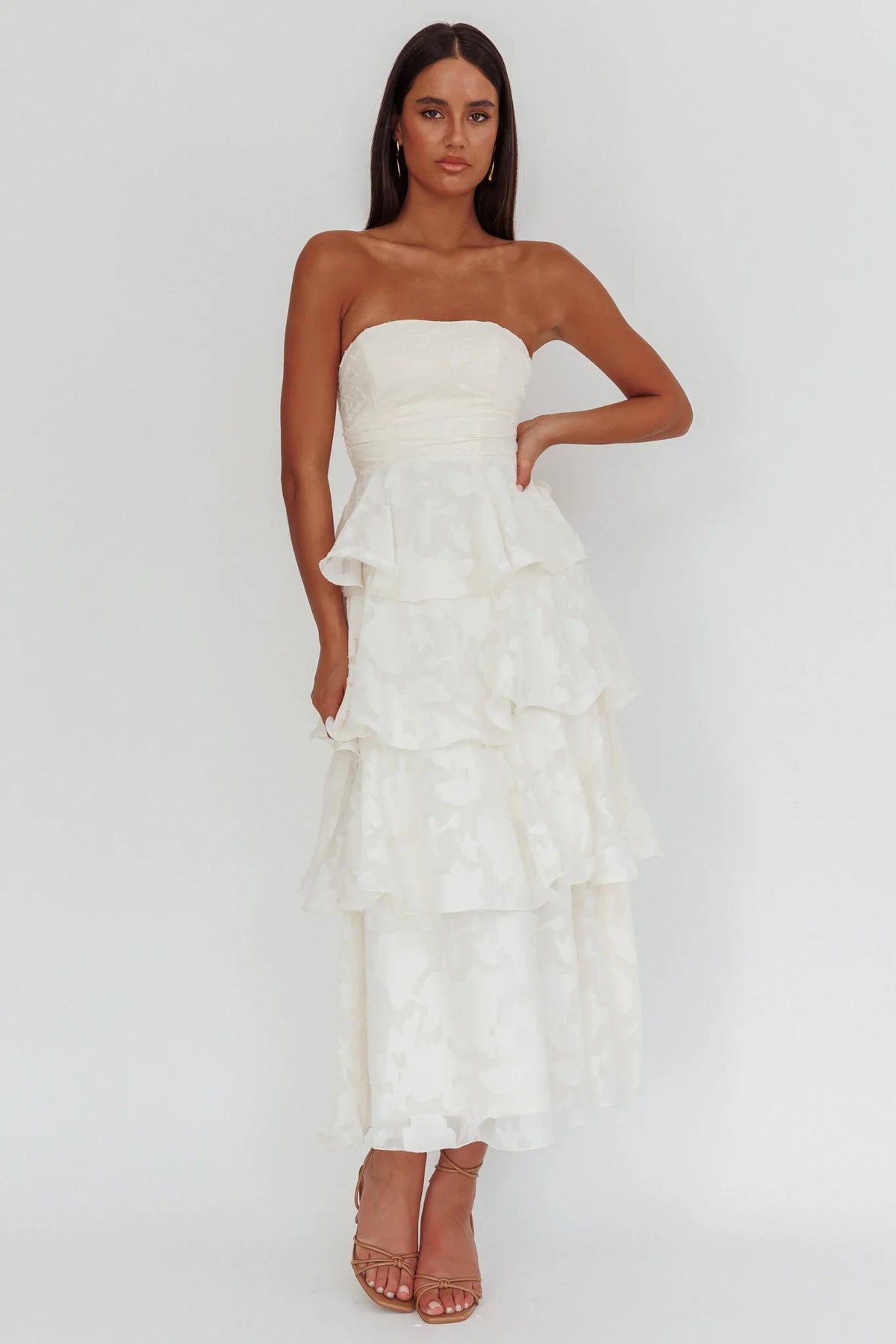Giavana Strapless Layered Midi Dress Floral Embossed Cream