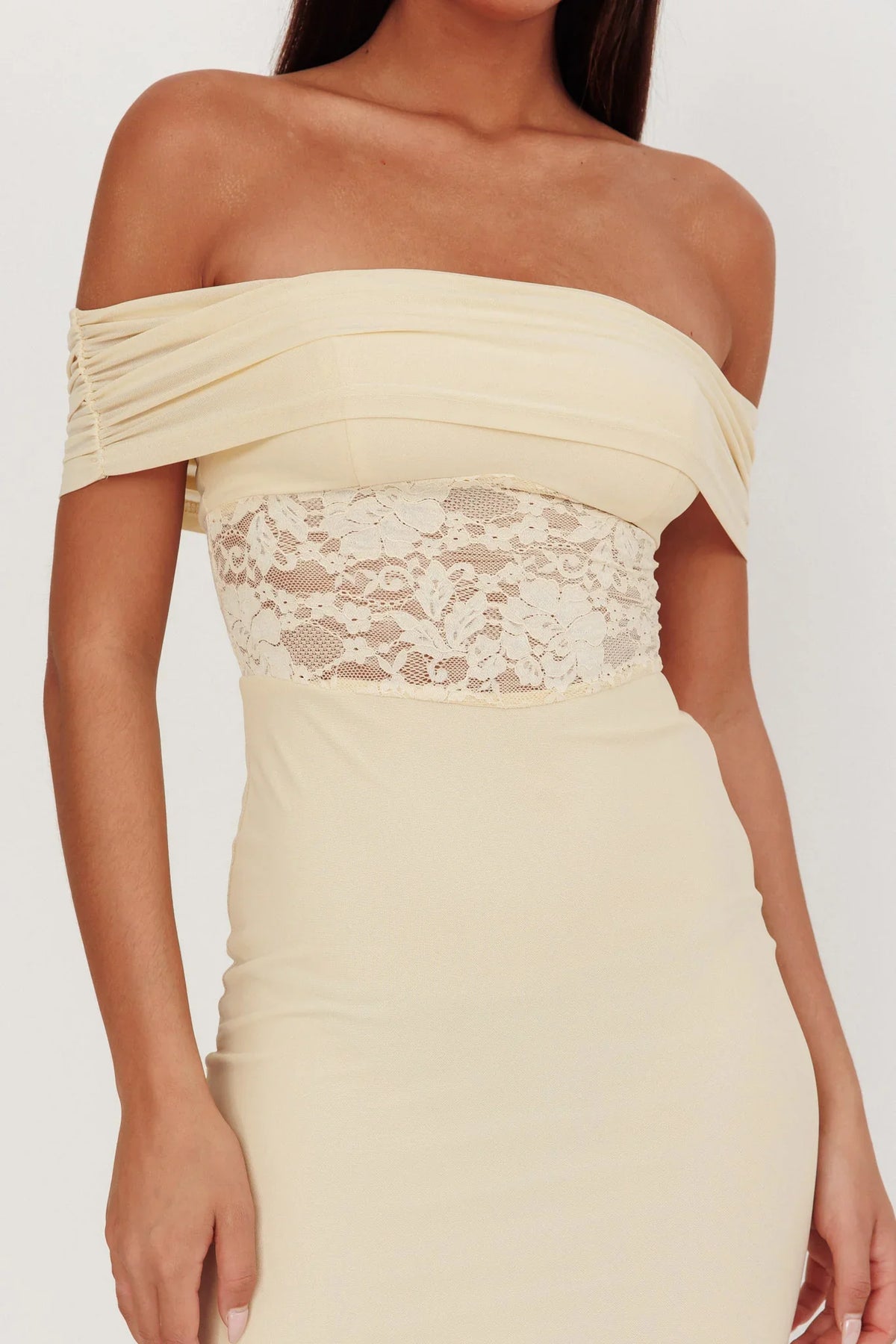 Flutters Off-Shoulder Lace Insert Maxi Dress Cream