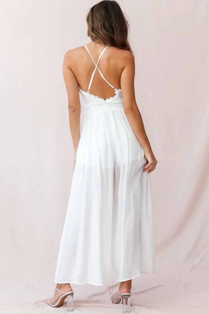 Laney Wide Leg Ruffle Detail Jumpsuit White